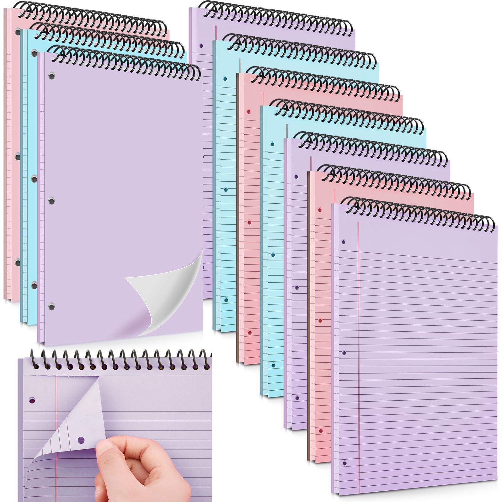 MotiMind Paquete de 10 cuadernos con espiral superior de 8.5 x 11 pulgadas con 3 agujeros perforados, bloc de notas con rayas universitarias, 50 hojas de papel de cartón duro, bloc de notas