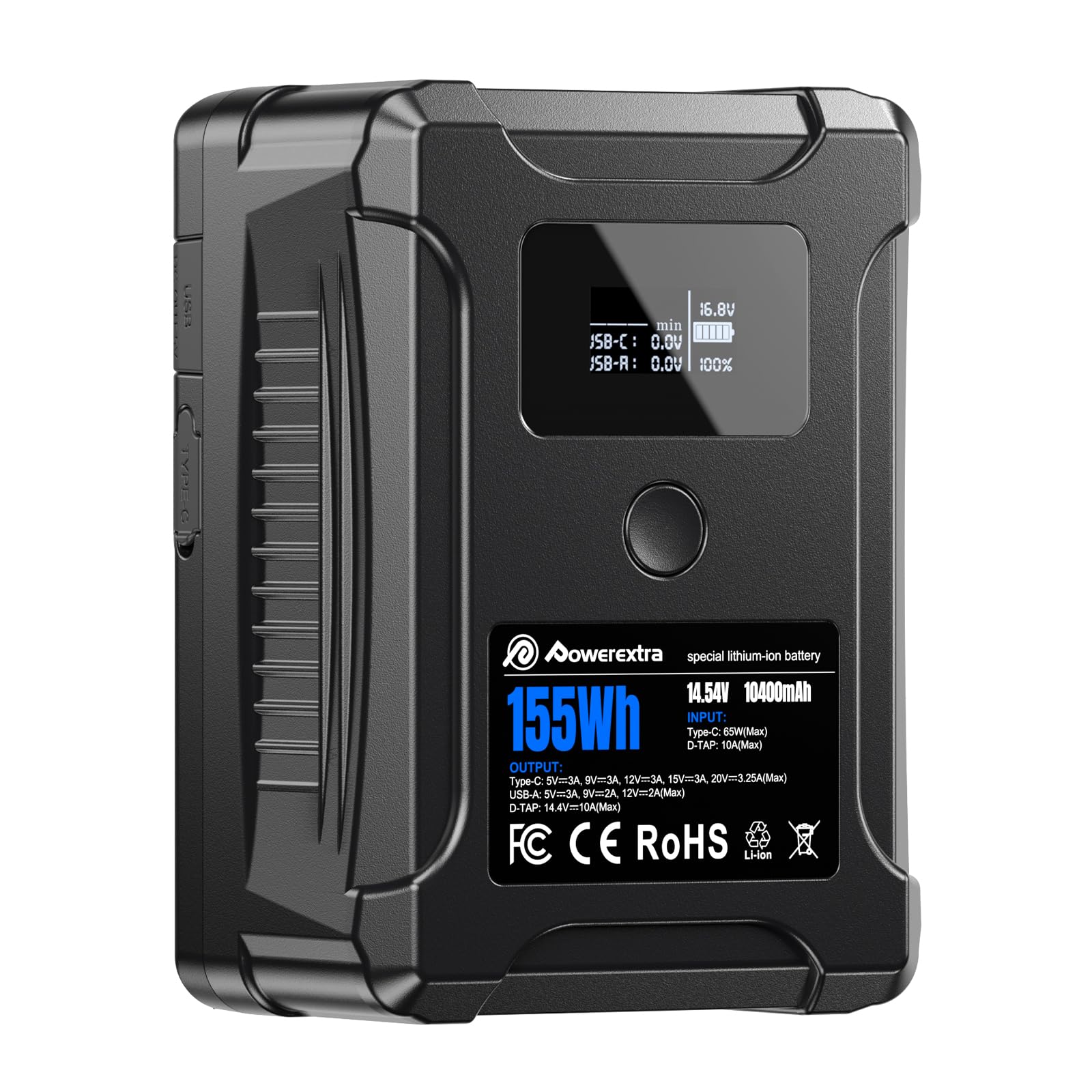 Powerextra V Mount Battery 10400mAh 155Wh 14.54V V Lock Battery with OLED Display Support 65W PD USB-C Fast Charging, with D-TAP, USB-A, Dual DC Port, for Camera, Camcorder, Monitor