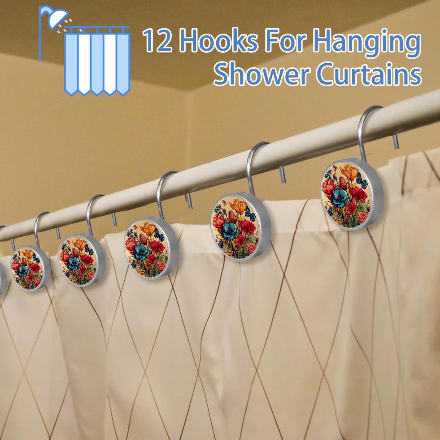 Colorful Flowers and Butterflies (3) Crystal Glass Shower Curtain Hooks Rings Decorative Bathroom Decor - Set of 12