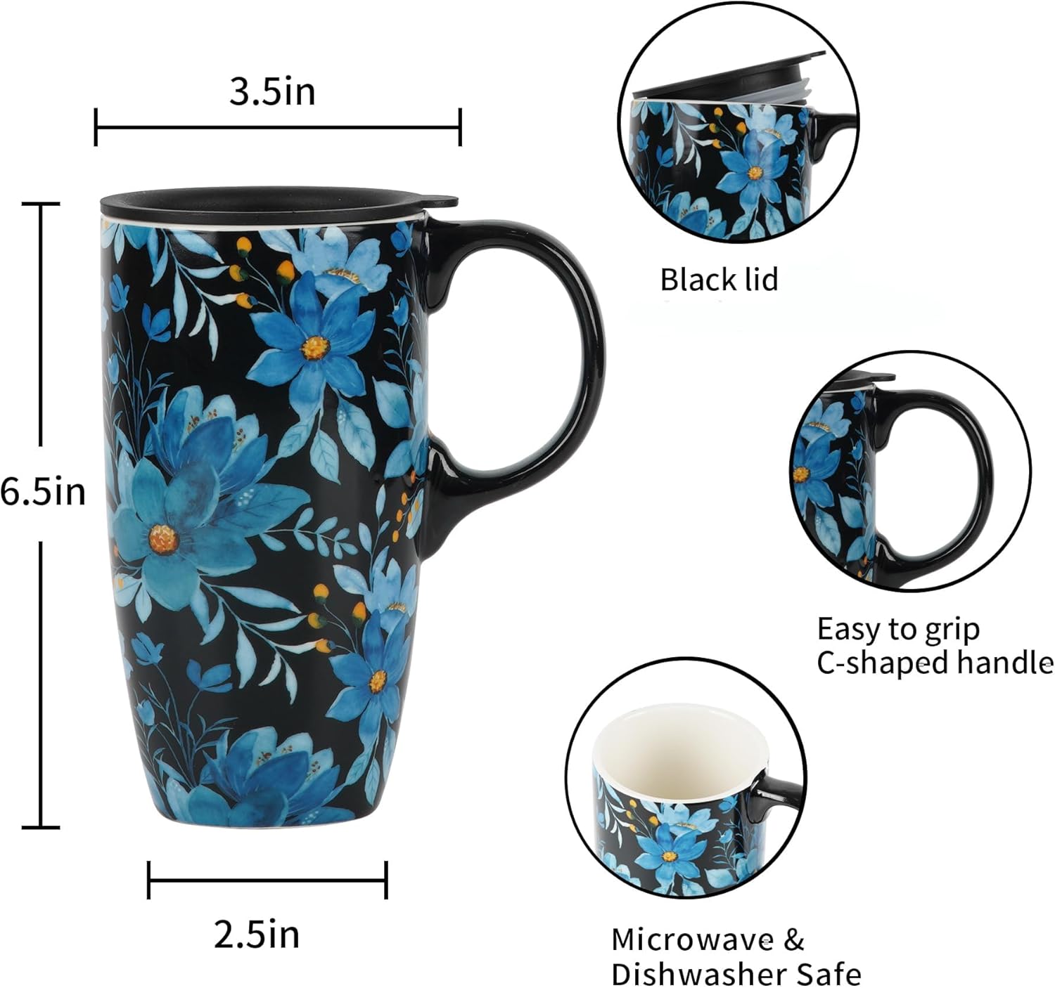 Coffee Ceramic Mug Porcelain Latte Tea Cup With Lid 17oz., Blue Flower - Image 6