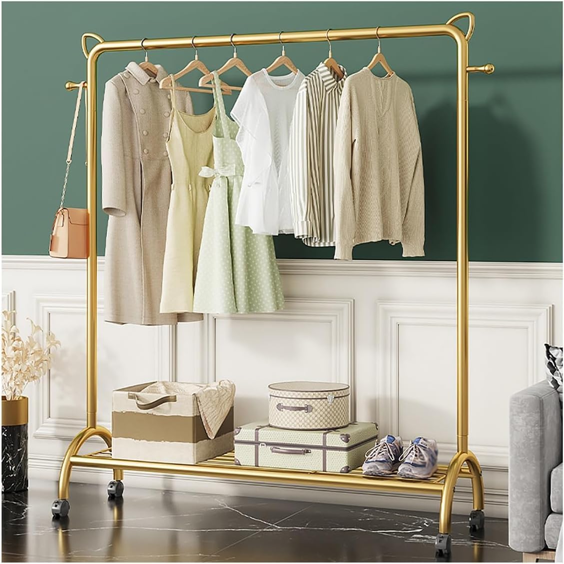 MYUYEE Clothes Rack On Wheels Metal Coat Rack Freestanding For Home Bedroom With 2 Hooks And Open Shelves, Easy To Assemble(120Cm Gold-Gold)