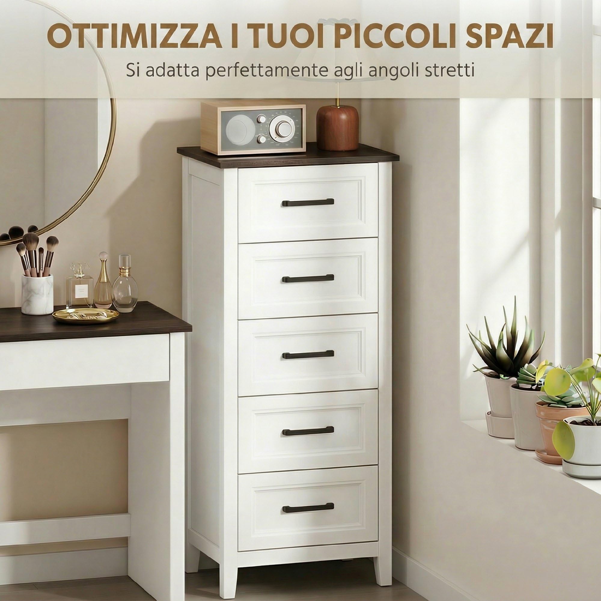 HOMCOM Cassettiera Camera da Letto Stretta Alta con 5 Cassetti, Comò Camera da Letto con Piano Effetto Legno, Cassettiera Salvaspazio per Soggiorno Corridoio Ingresso, 45x35x106 cm, Bianco