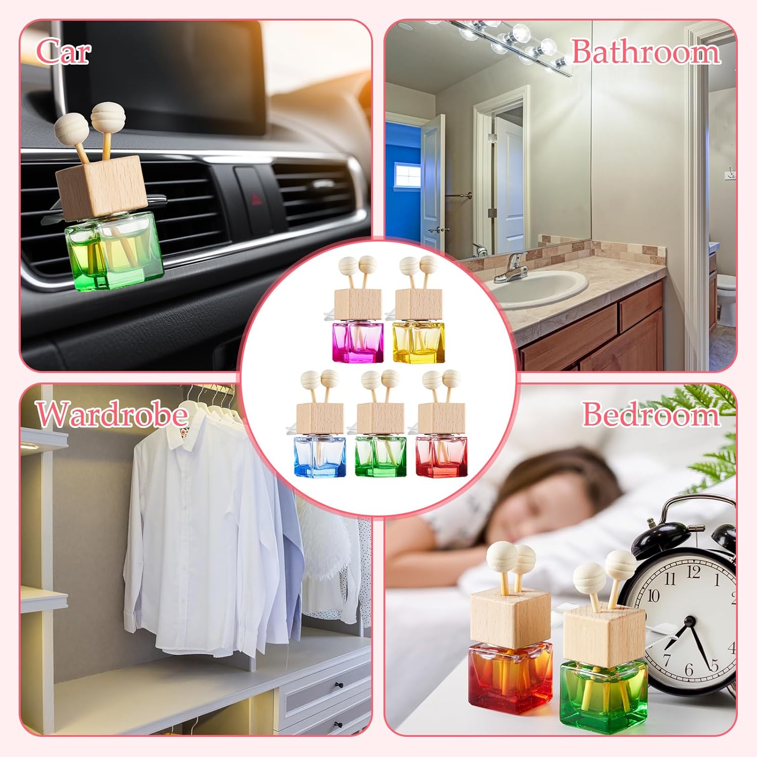 Zubebe 30 Pcs Car Diffuser Bottles Empty Bulk Vent Clip Car Air Freshener Diffuser for Essential Oil Perfume Glass Bottle with Wooden Caps Stick Fragrance Ornament (Colorful)