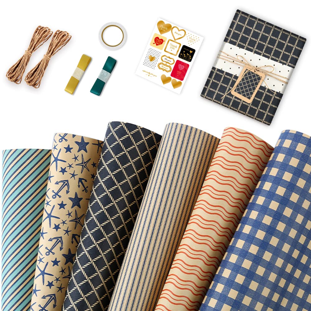 Gift Wrapping Paper - Birthday Wrapping Paper Set Included 6 Pack Recyclable Kraft Gift Wrap Sheets with Sticker, Ribbon - Present Gift Wrap for Birthdays, DIY, Party or Wedding, Any Occasion