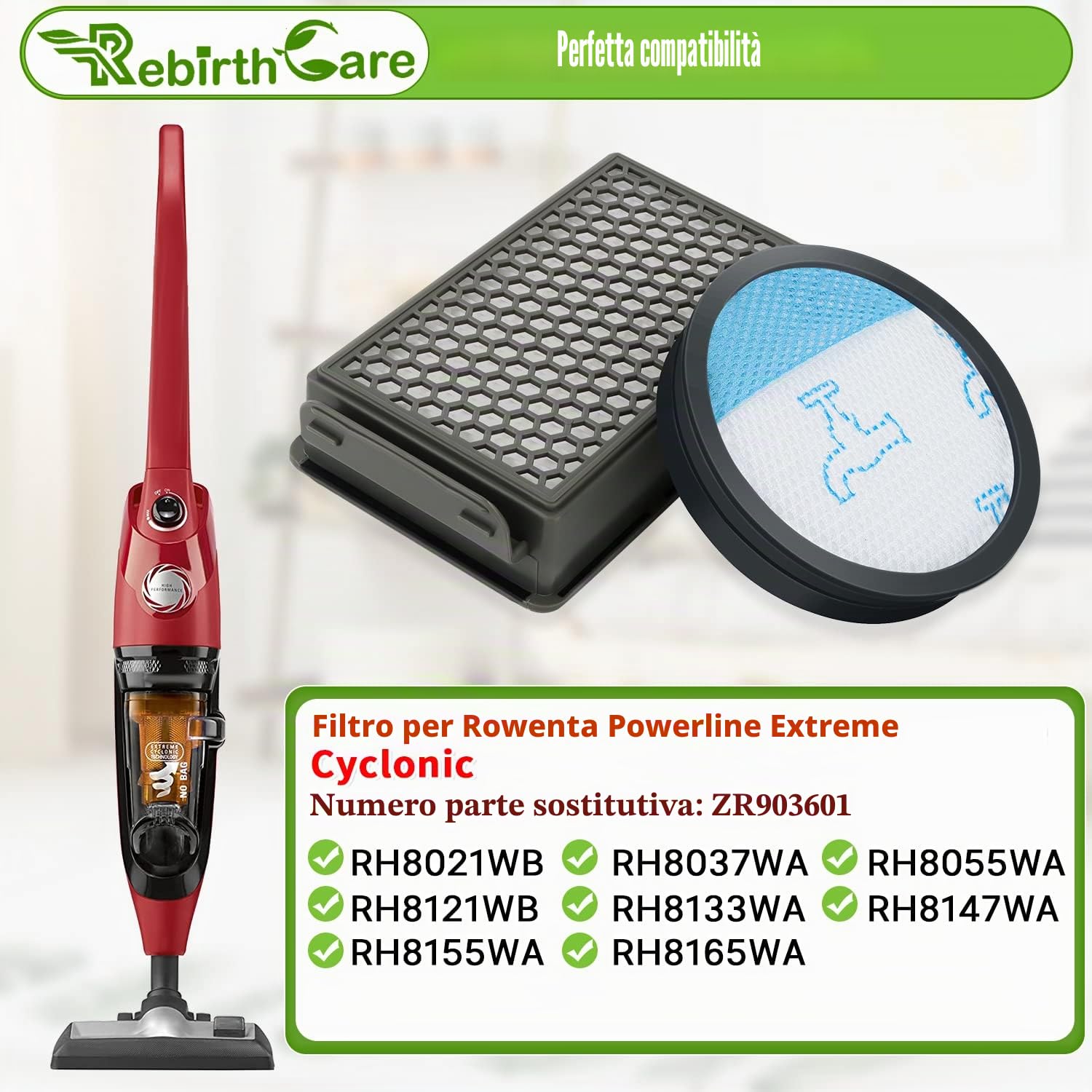 Rebirthcare ZR903601 Filtro Hepa per Aspirapolvere per Rowenta Powerline Extreme Cyclonic Ricambi Accessori per Scopa Elettrica RH8021WB RH8037WA RH8055WA RH8121WB RH8133WA RH8147WA RH8155WA RH8165WA