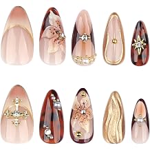 24Pcs Vintage Tortoise Almond Press On Nails Reusable Glue On False Nails for Women Handmade Brown Floral Fake Nails with Gold Foil