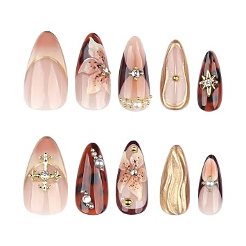 24Pcs Vintage Tortoise Almond Press On Nails Reusable Glue On False Nails for Women Handmade Brown Floral Fake Nails with Gold Foil