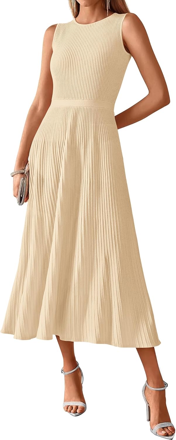 BTFBM Women Tank Midi Dress Summer Crewneck Sleeveless Pleated A Line Business Casual Formal Sweater Spring Dresses 2026