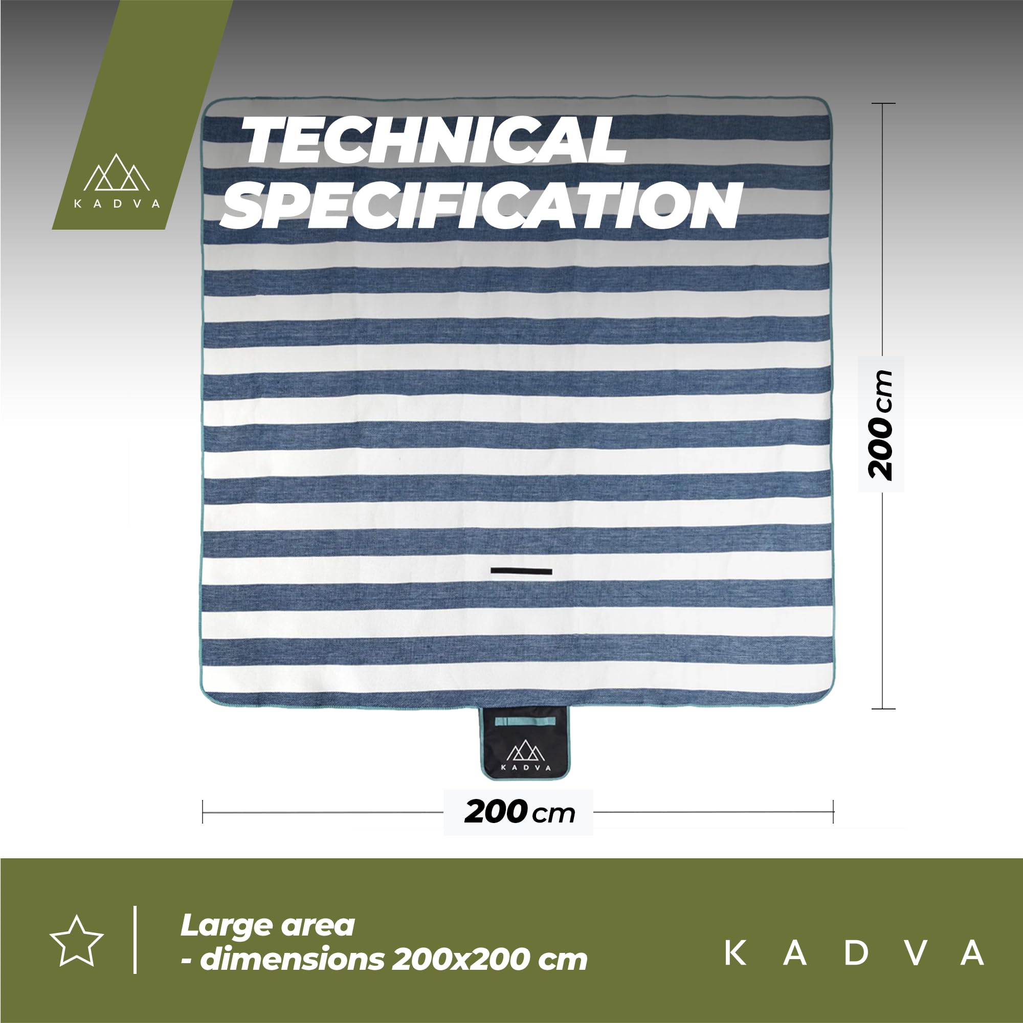 KADVA Koc Piknikowy Tapiso 200x200 cm 100% Poliester Kolor Granatowy Miękki Trwały Lekki Duża Powierzchnia i UV Łatwy w Przenoszeniu i Czyszczeniu