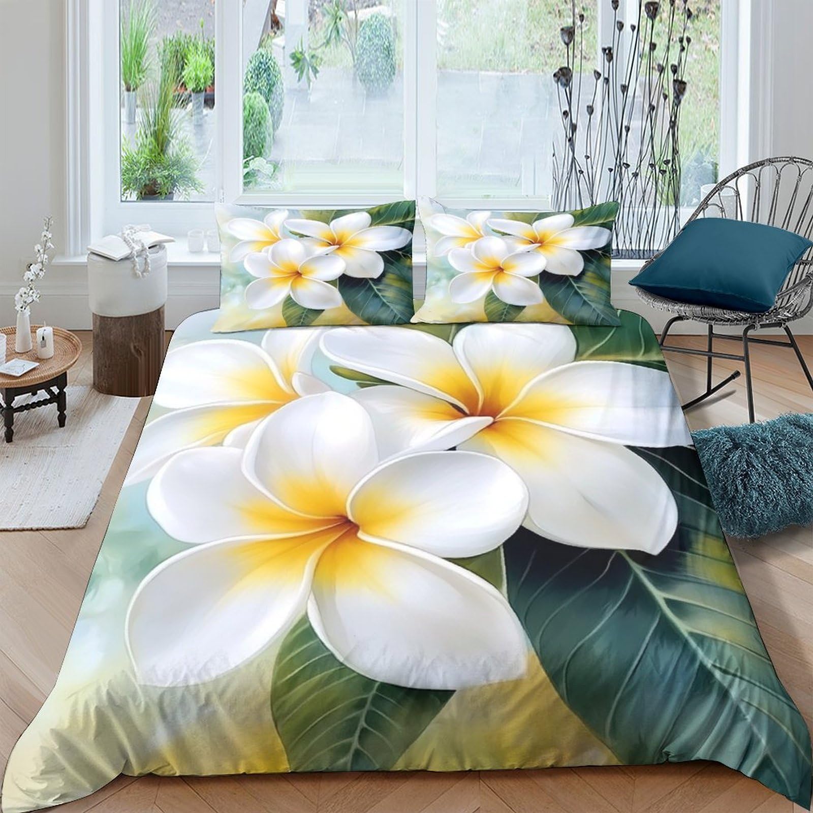 Ctjqhvkz Style-7 3D Printed White Plumeria Flower Fitted Sheet Microfiber Soft Breathable Tropical Leaf Mattress Cover For Bedroom Home Decor Single（135X200cm）