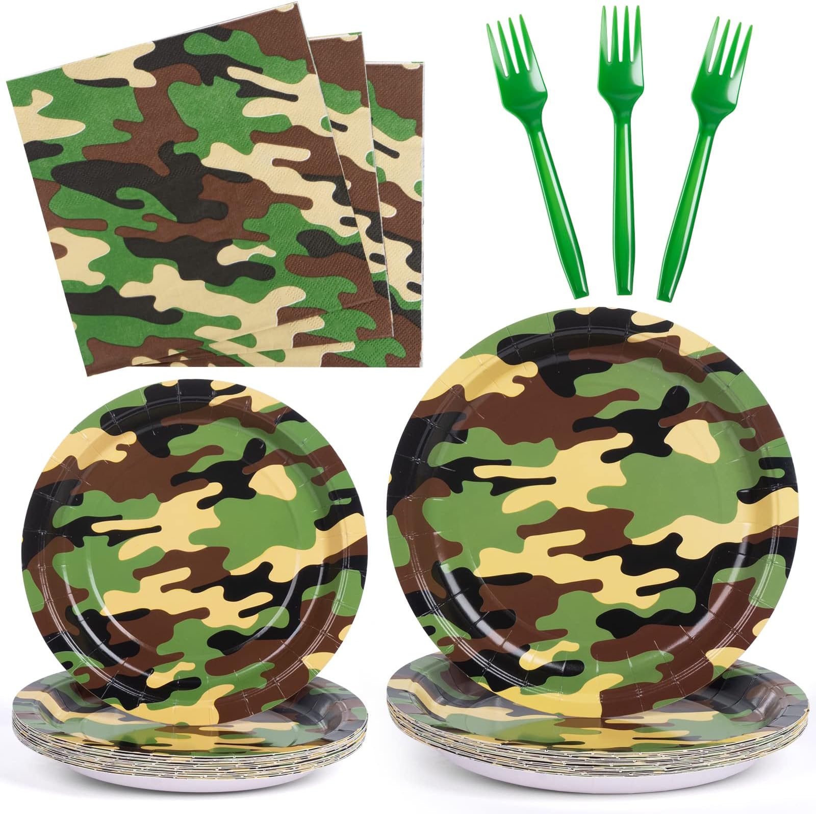 DECORLIFE Camo Party Supplies Serves 24, Army Party Decorations Plates and Napkins, Camo Birthday Decorations for Boys Men Women, Total 96PCS