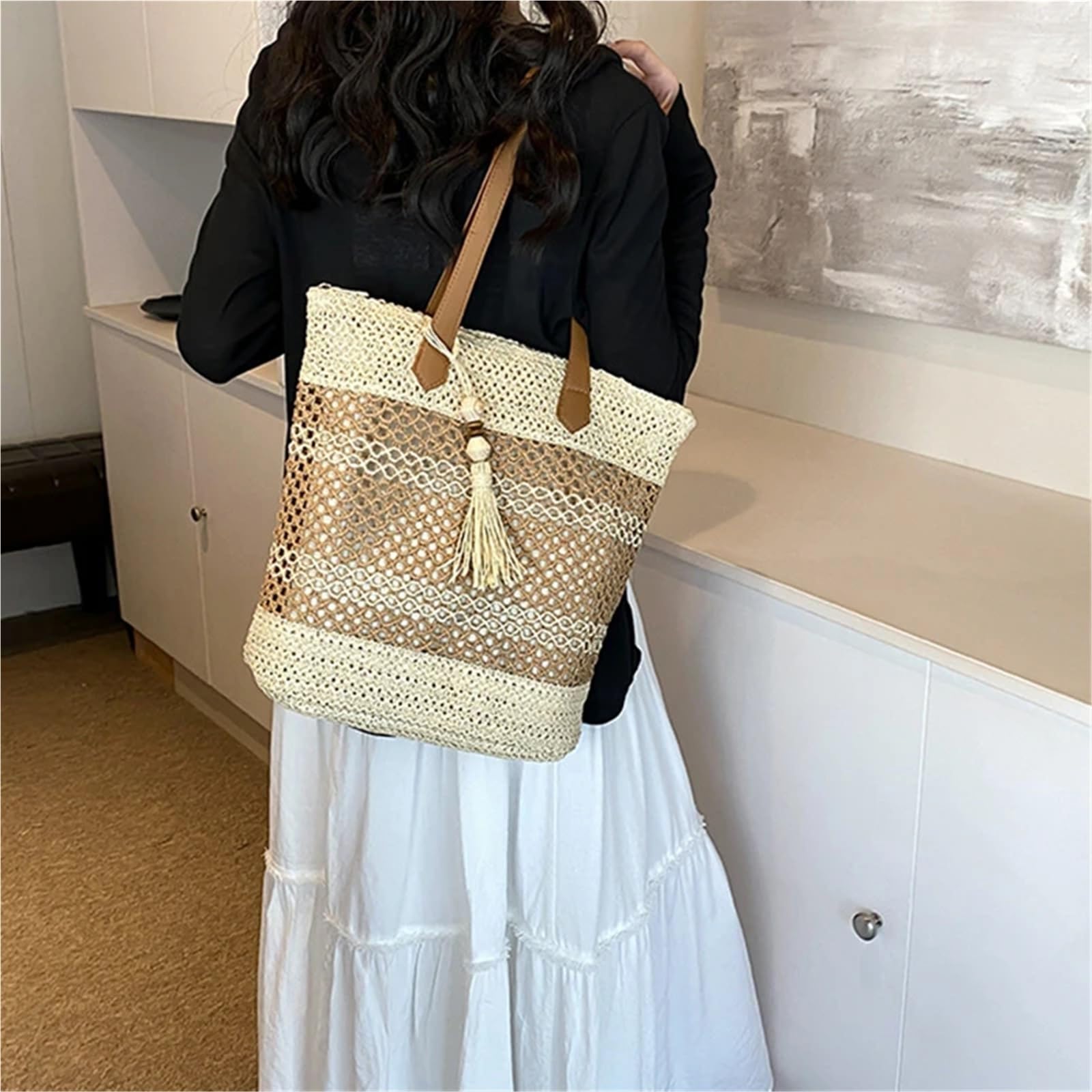 Bolso de Hombro de Paja Bolsos de paja verano for mujer, bolso hombro ratán, bolsos playa tejidos hechos a mano viaje