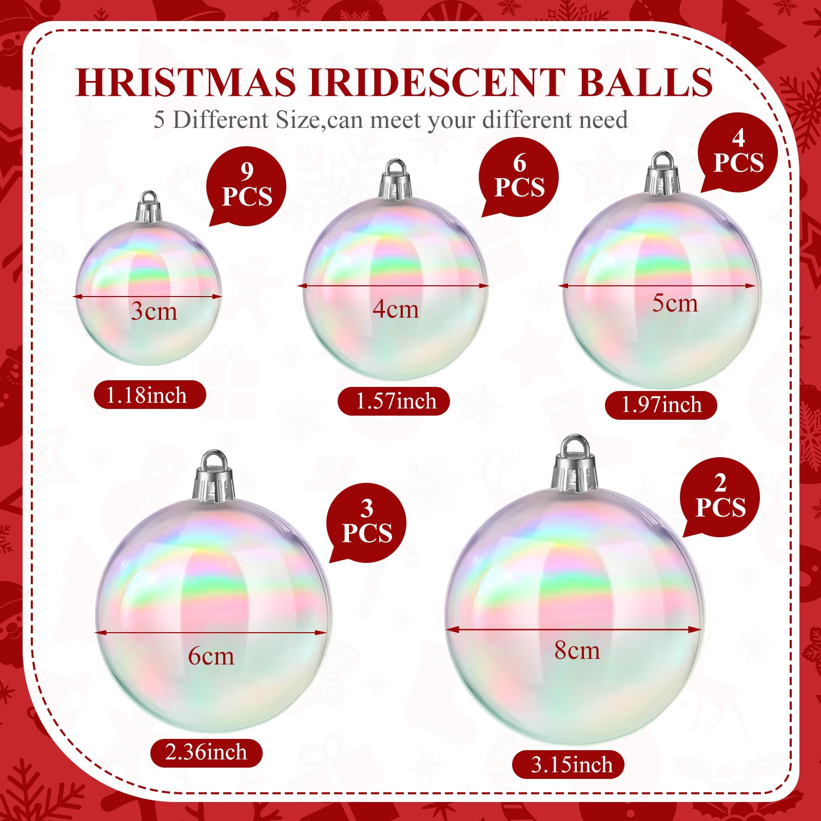 Shappy 24 adornos iridiscentes de Navidad, transparentes, inastillables, para colgar, bola de arco iris, adorno de Navidad, 5 tamaños diferentes para fiestas, bodas, decoración del hogar