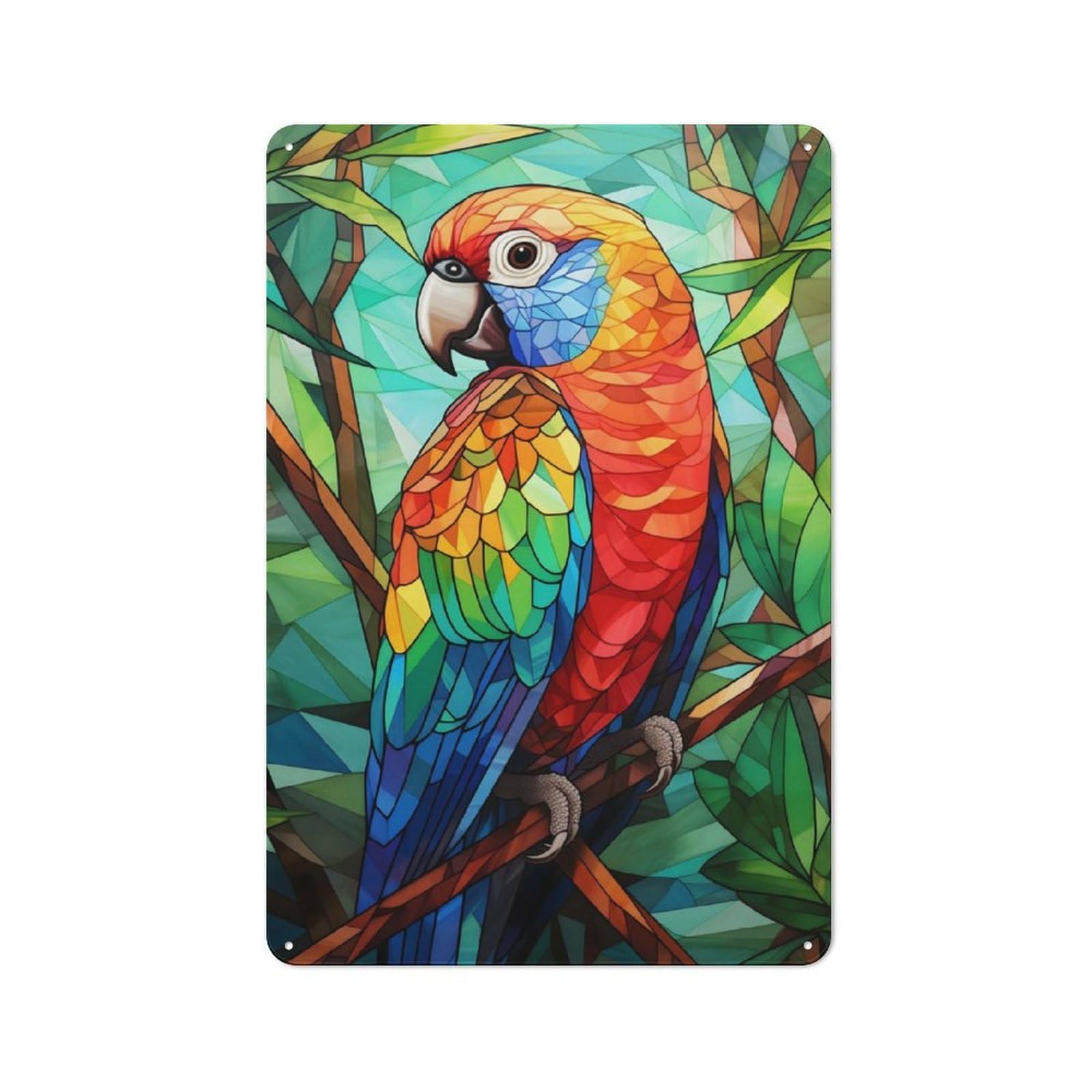 Junmoney Parakeet Stained Glass Metal Sign 30X20cm With For Workshop Wall, Retro Decor, For Garage, Workshop And Man Cave Decoration