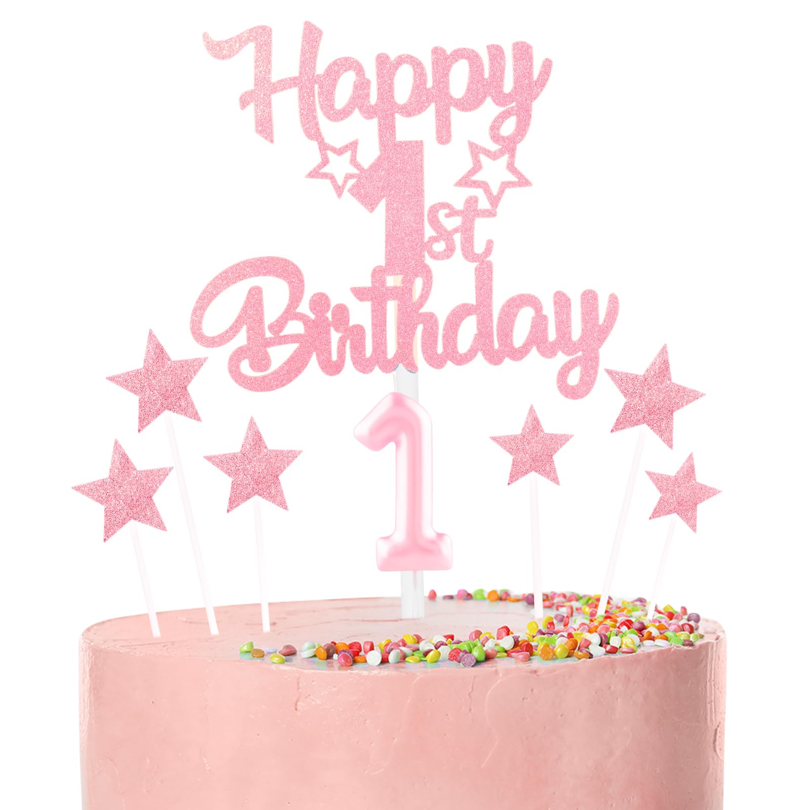 Pink Happy 1st Birthday Candles Cake Topper Set,Glitter Pink Number 1 Birthday Candles with Pink 1st Birthday Cake Toppers Star Cupcake Toppers for Girls Birthday Anniversary Decorations โ image 1
