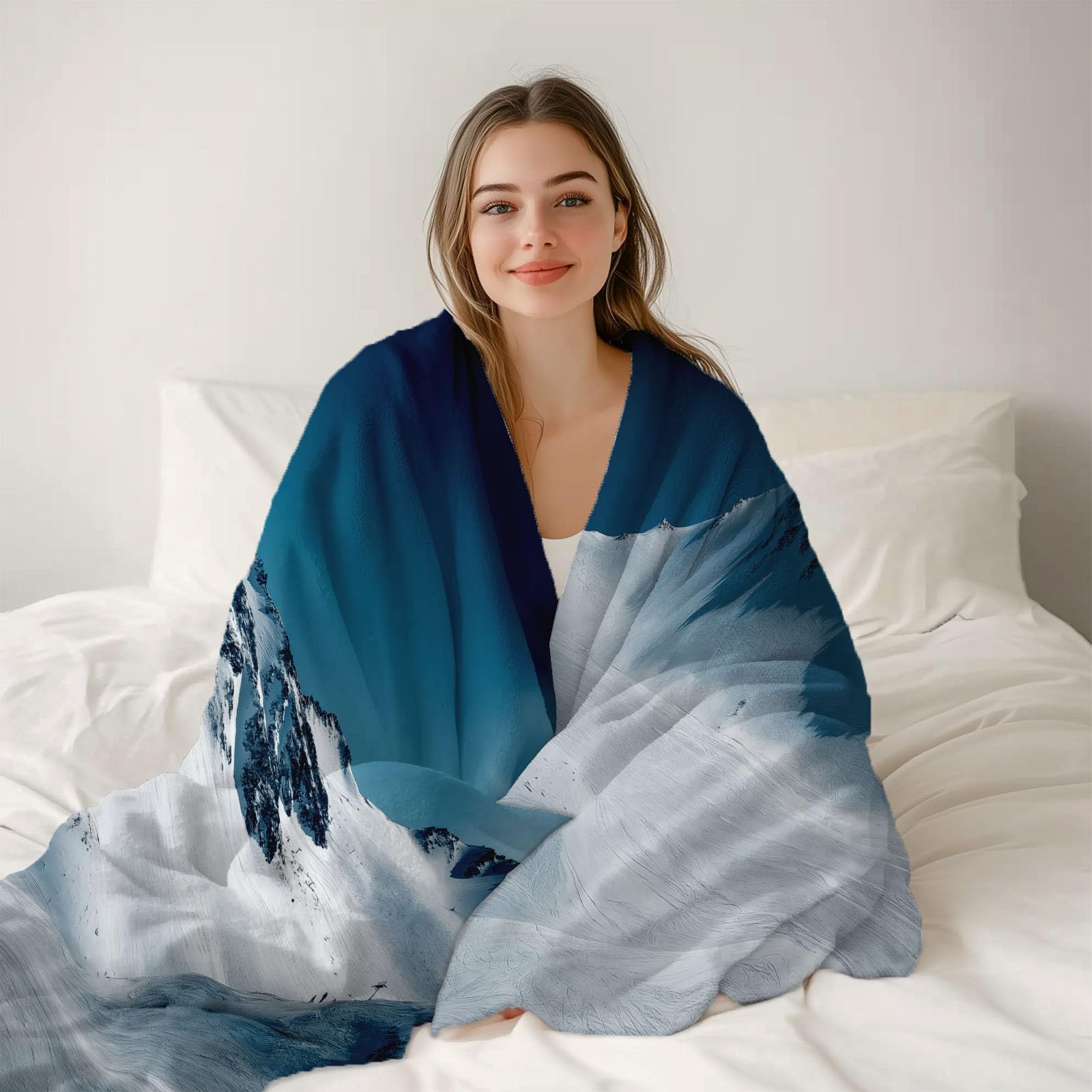 Générique Couverture Polaire Bleu, Neige Montagnes Ski Flanelle Couverture pour Canapé Lit Voyage Plaid Chaise, 220 x 240 cm Couvertures de Lit Doux et Chaud pour Toutes Les Saisons