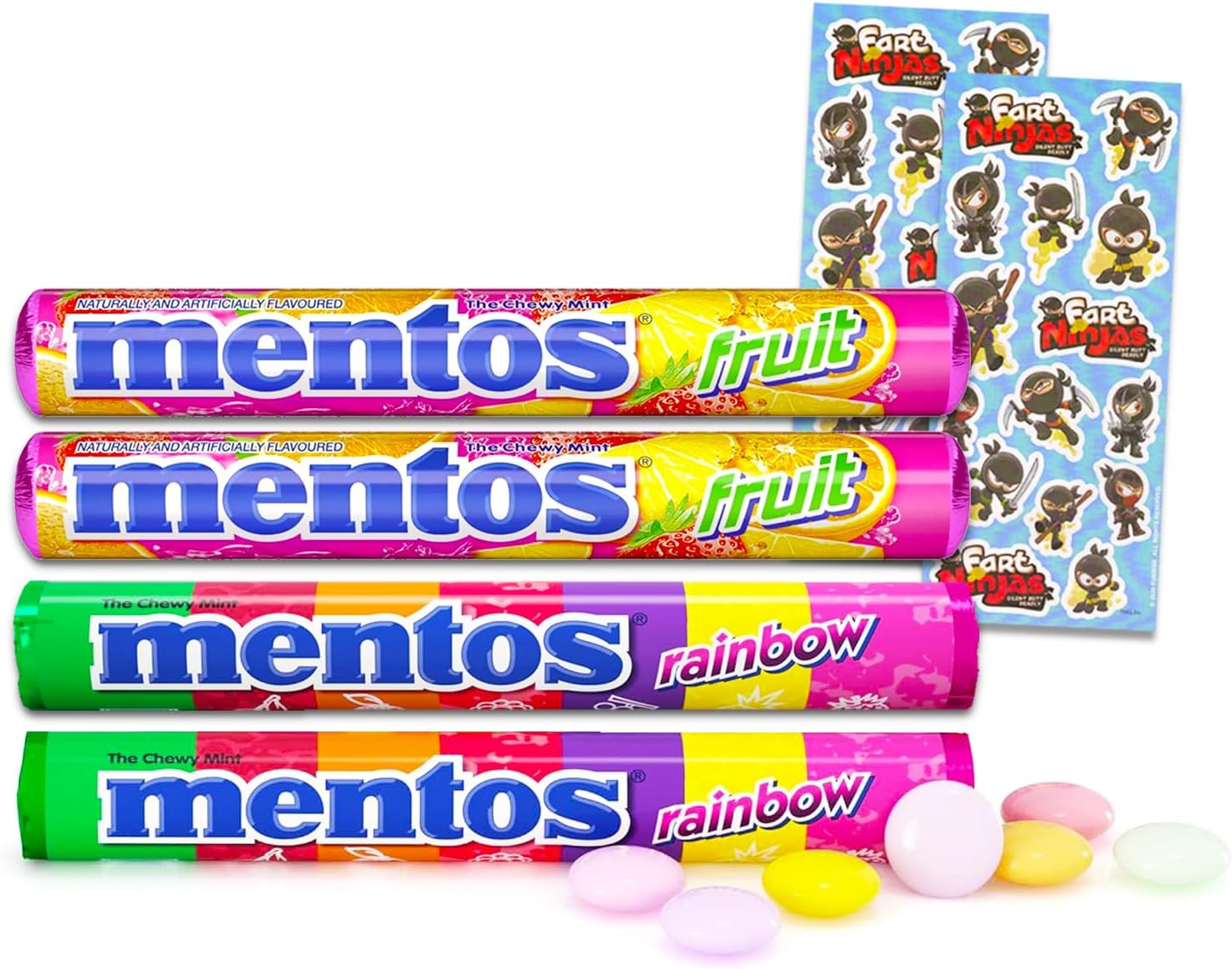 Mentos Candy Variety Pack Bundle ~ 4 Pack Mentos Fruit Chews Bulk Rolls Assorted Flavors Plus Travel Bag, Stickers | Mentos Chewy Candy Fruit Mix