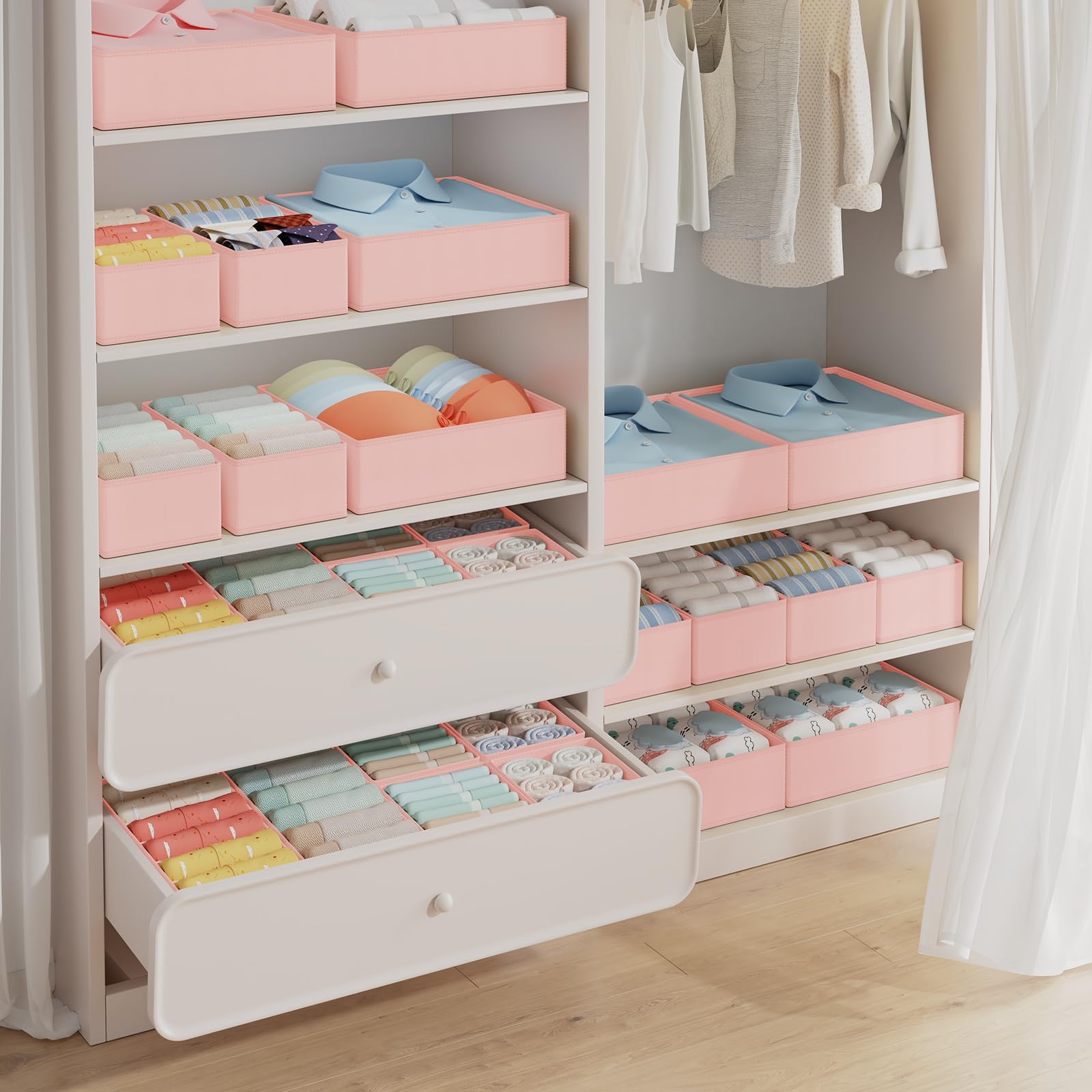 Homsorout Organizer do szuflad, składane pudełko, 12 sztuk, materiałowe przegrody do szuflady, do szafy, ubrania do organizowania biustonoszy, skarpet, bielizny i sypialni, różowe