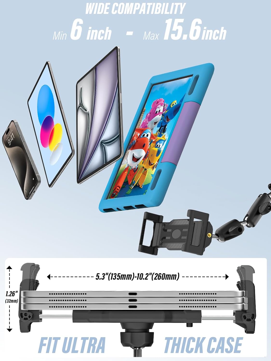 woleyi Tablet Holder for Car Truck Heavy Duty Suction Cup [Large Clamp] [Thick Case Friendly] Tablet Mount for Windshield, Dashboard, Window, for iPad Pro Air Mini, iPhone, Galaxy Tab, 6-15.6 Devices