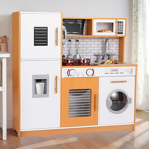 Juego de cocina para niños, juego de juguetes de madera con diseño realista, sonidos de luces, ollas y utensilios para niños y niñas a partir de 3