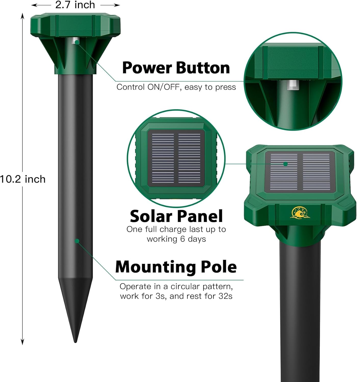 8 Pack Mole Repellent Solar Powered, IP65 Waterproof Gopher Chipmunk Repeller Outdoor, Groundhog Snake Repellent for Yard, Sonic Mole and Vole Deterrent Spikes, Effective Lawn and Garden Protection