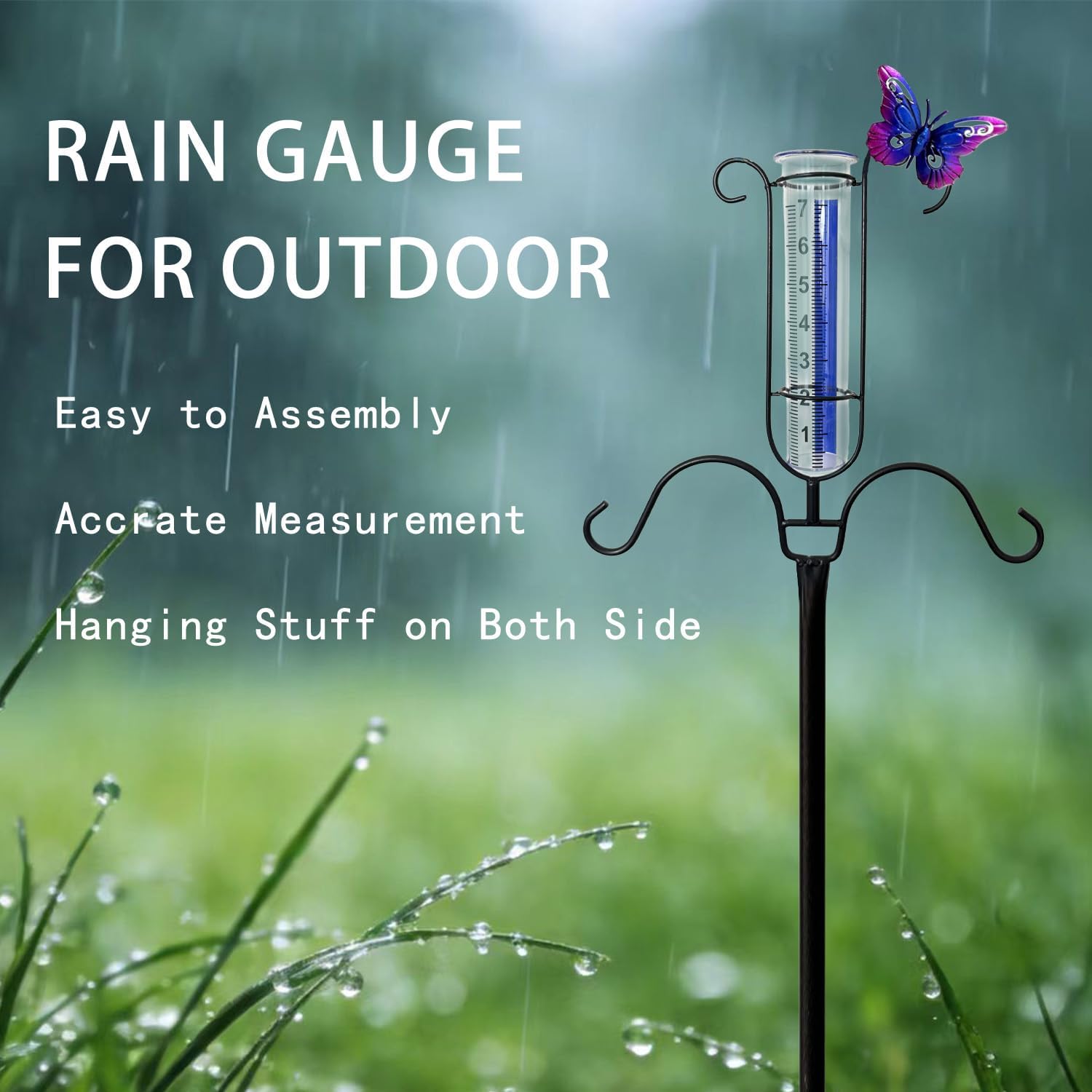 61" Shepherds Hook with Rain Gauge Outdoor, 5-Prong Metal Rain Gauge Stake with Blue Stripe & Large Numbers, 3/4 Inch Thick Tall Shepherds Hooks Bird Feeder Pole for Yard Garden Decor
