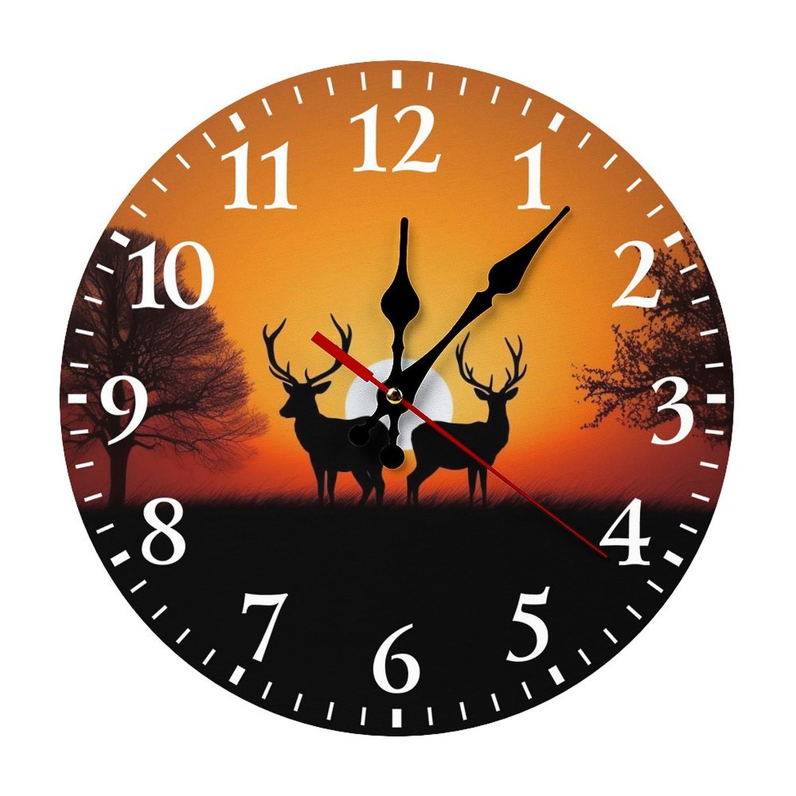 NTVOWPZO 10 Inch Wall Clock Nature Sunset Deer Battery Operated Wall Clocks Silent Non-Ticking Round Wall Clock for Living Room Kitchen Home Office Wall Decorative Clock
