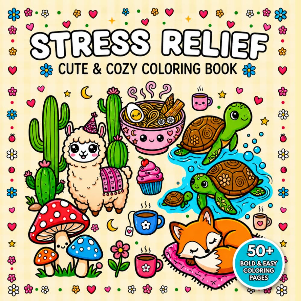 Stress Relief: Coloring Book for Adults, Kids, and Teens, 52 Bold and Easy Large-Print Coloring Pages Featuring Cute Animals, Cozy Food and Hygge Scenes for Relaxation.