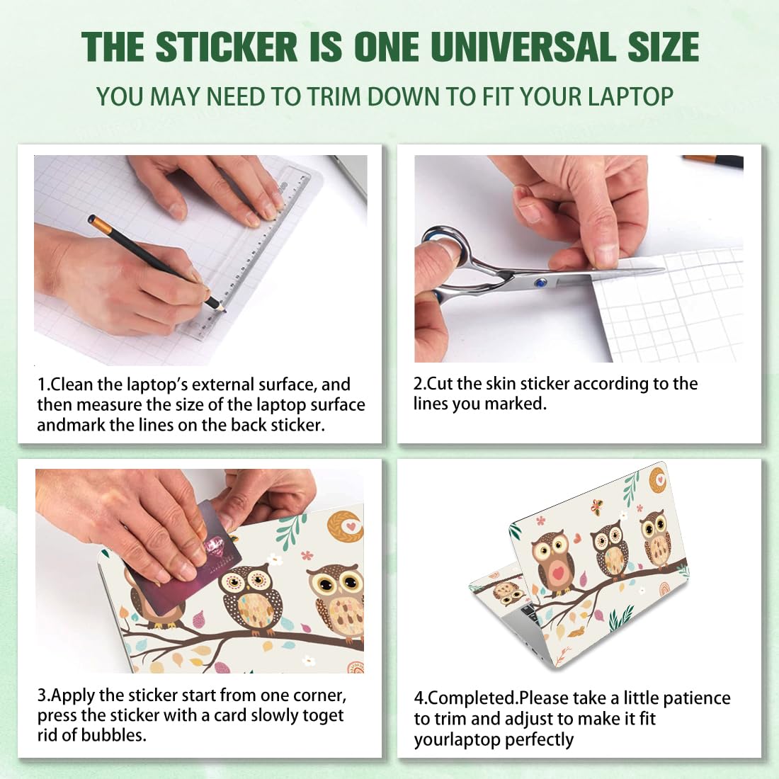 PLIGREAT Gufo Carino sul Ramo Laptop Pelle Adesivo Decalcomanie Vinile Universale Riutilizzabile Notebook Foglie di Fiore Decalcomania Acquerello Bohemien Fiore Foglie Protector Cover per Computer