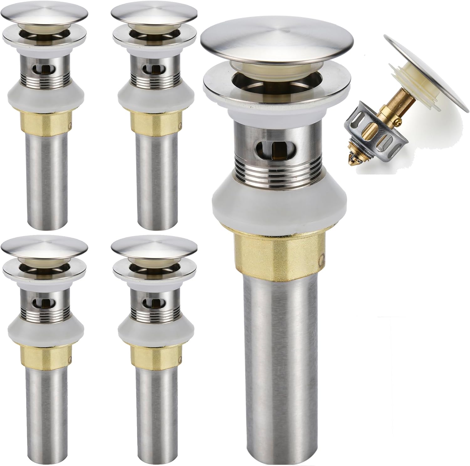 Rockgoya Bathroom Sink Drain,5 Pack Drain Stopper Bathroom Sink Without Overflow,Pop Up Drain Assembly with Detachable Strainer Basket,Built-in Anti-Clogging Strainer,Stainless Steel Brushed Nickel