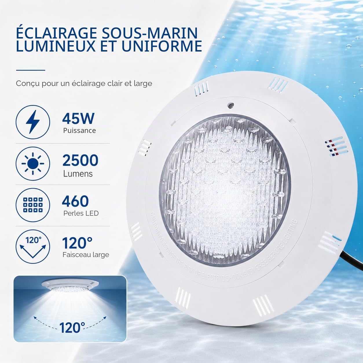 Projecteur Piscine LED RGB 45W, Lampe Piscine Étanche IP68 12V AC avec Télécommande, 460 LED 2500LM, Spot Sous-Marin pour Piscine, Bassin, Fontaine et Jardin