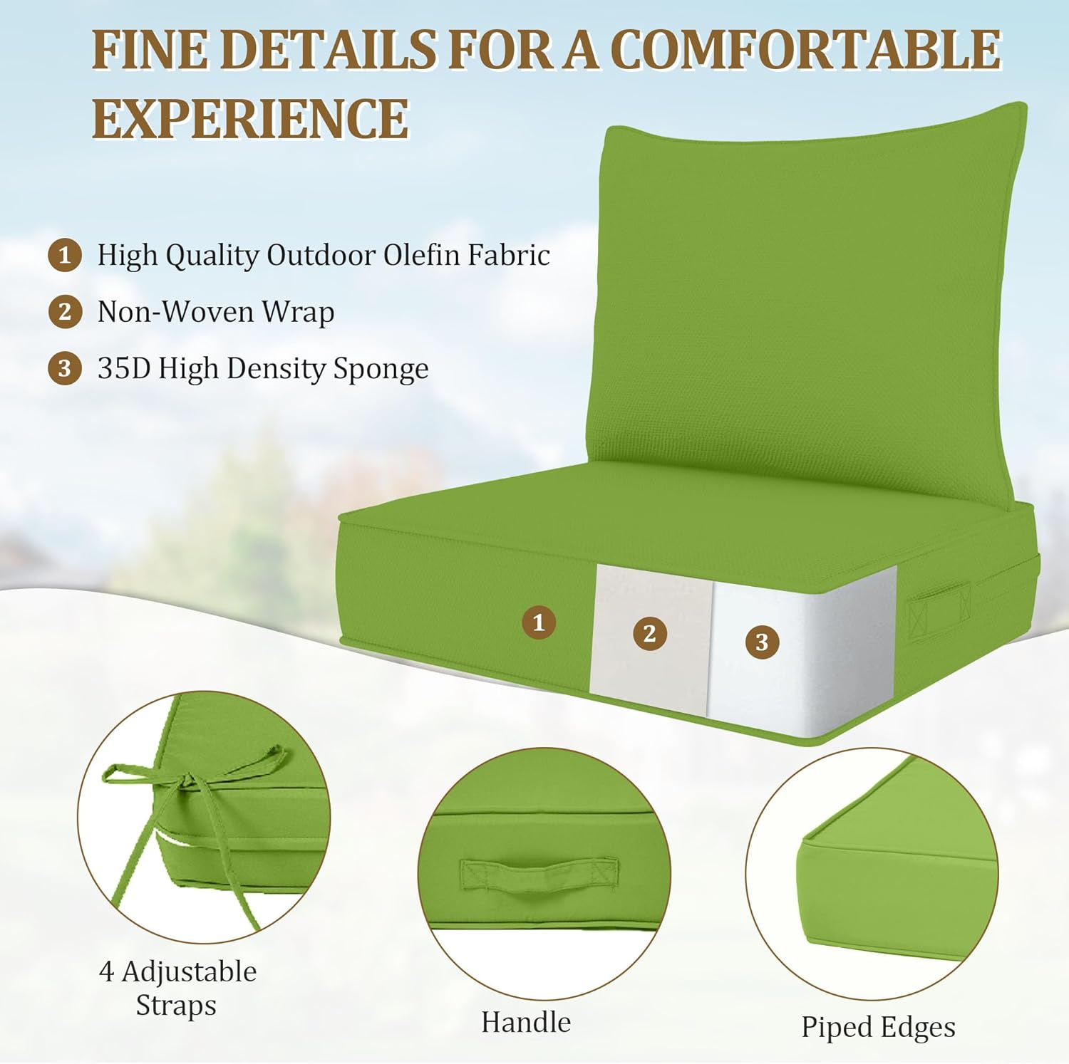 Outdoor Deep Seat Cushion Set, Fade Resistant Patio Chair Cushions, 24x24x6 Inch Patio Sofa Furniture Pad with Removable Cushion Covers (Pale Green, 24''Lx24''Wx6''H-1pcs Set)