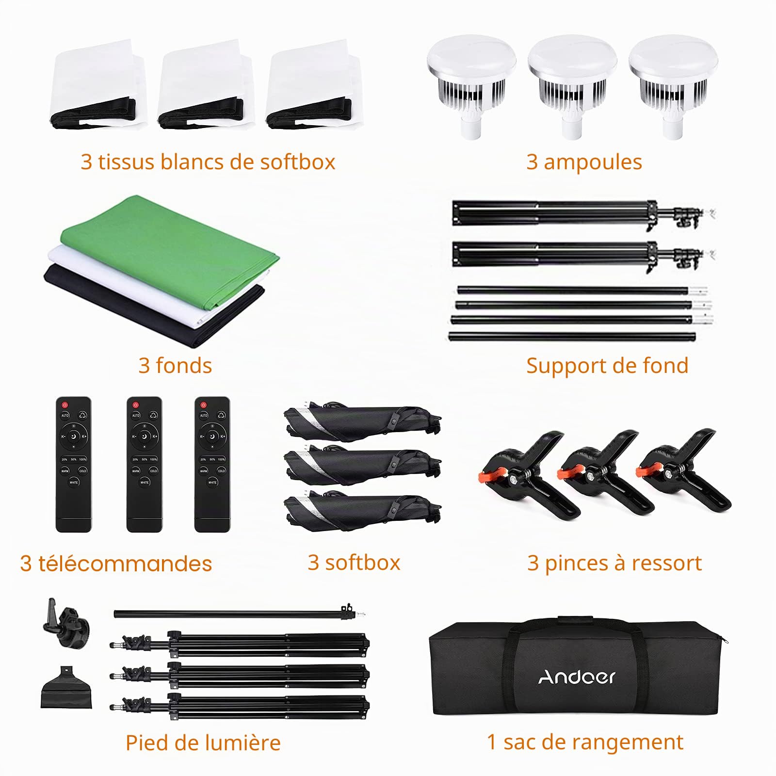 Andoer Kit de studio photo, 2 mx3 m, système de support de fond avec boîte à lumière, lumière constante, sac de transport pour portraits, photographie de produits et enregistrement vidéo