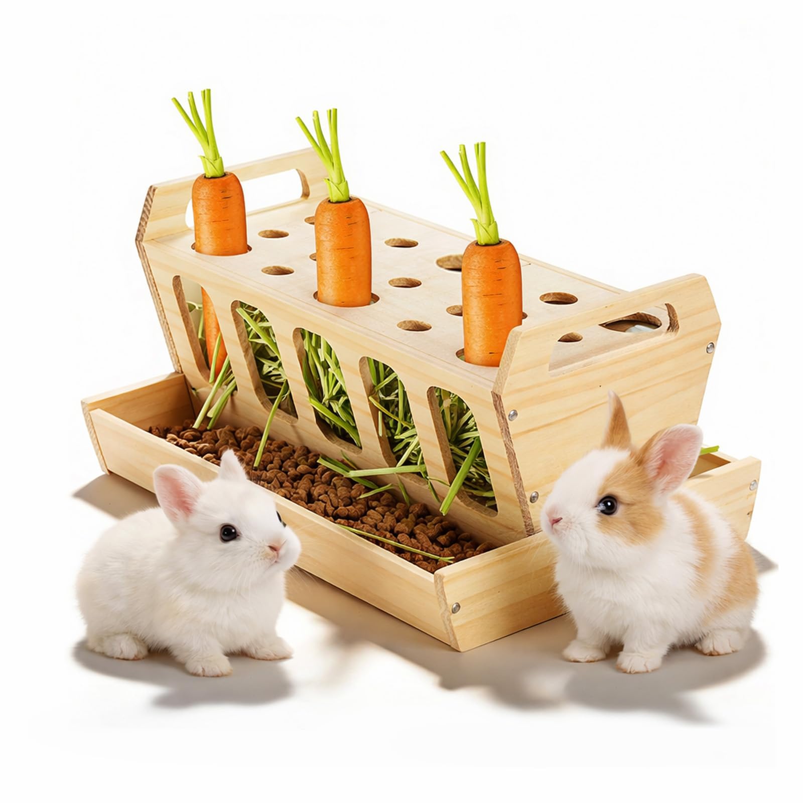Hölzern Heuraufe für Kaninchen 30x20,5x18cm Futterraufe mit Karottenhalter, Heu-Futterstation für Kaninchen, Futterständer Mit Großem Fassungsvermögen, für Meerschweinchen, Hasen, Hamster