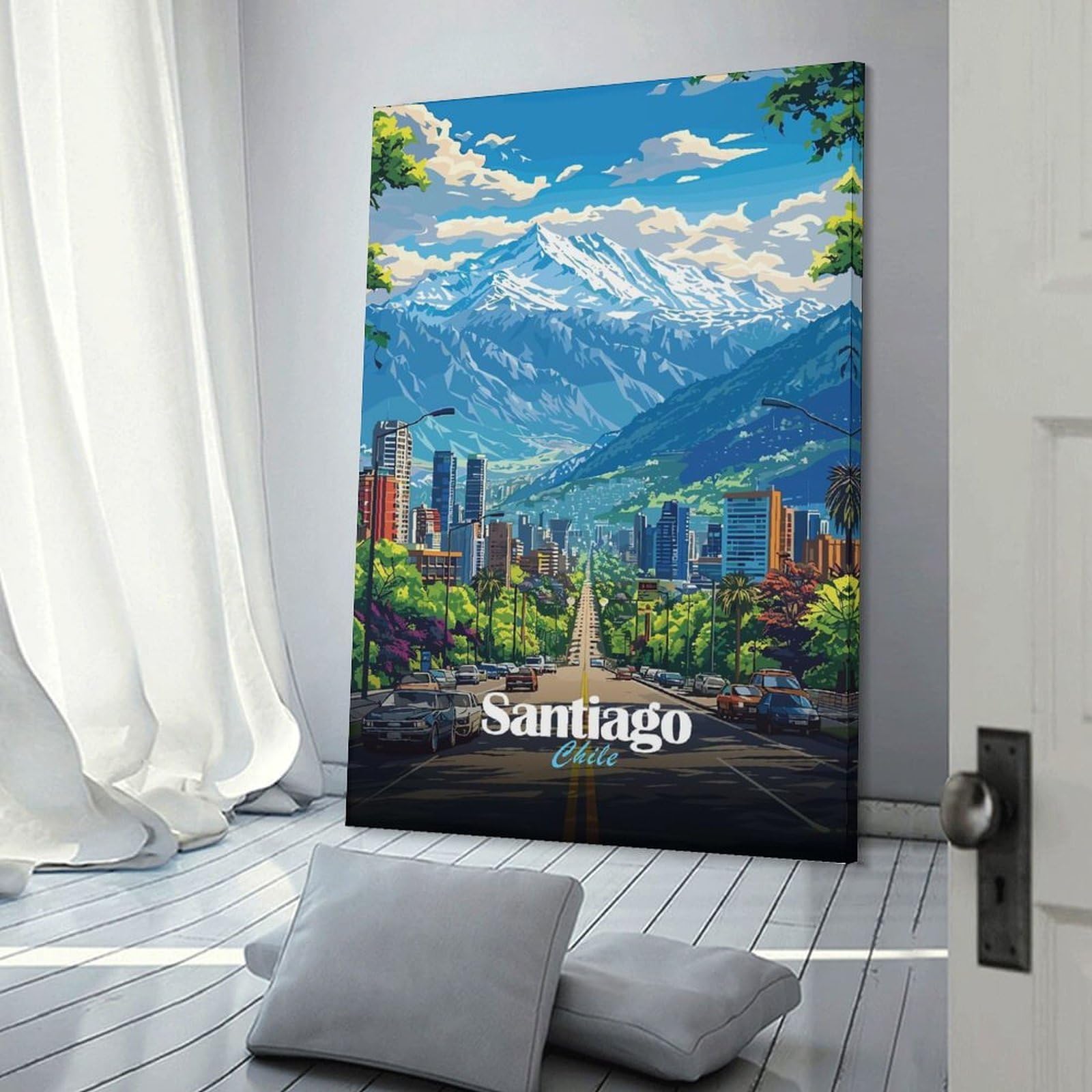 Junmoney Santiago, Chile Cityscape Hanging Wall Art 08x12inch(20x30cm), for Small Homes, Bedrooms Or Open Spaces, Decorative Canvas Decor for Home Updates