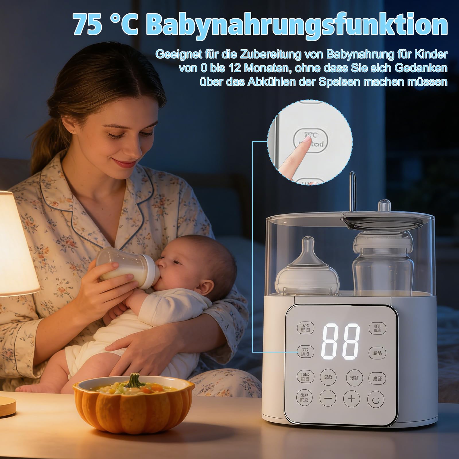 NCONCO Scaldabiberon portatile,Rapido 9-in-1 2 biberon con Sterilizzatore e Timer Scongelamento scaldapappe Controllo intelligente della temperatura e display LCD Senza BPA(Biancocrema)
