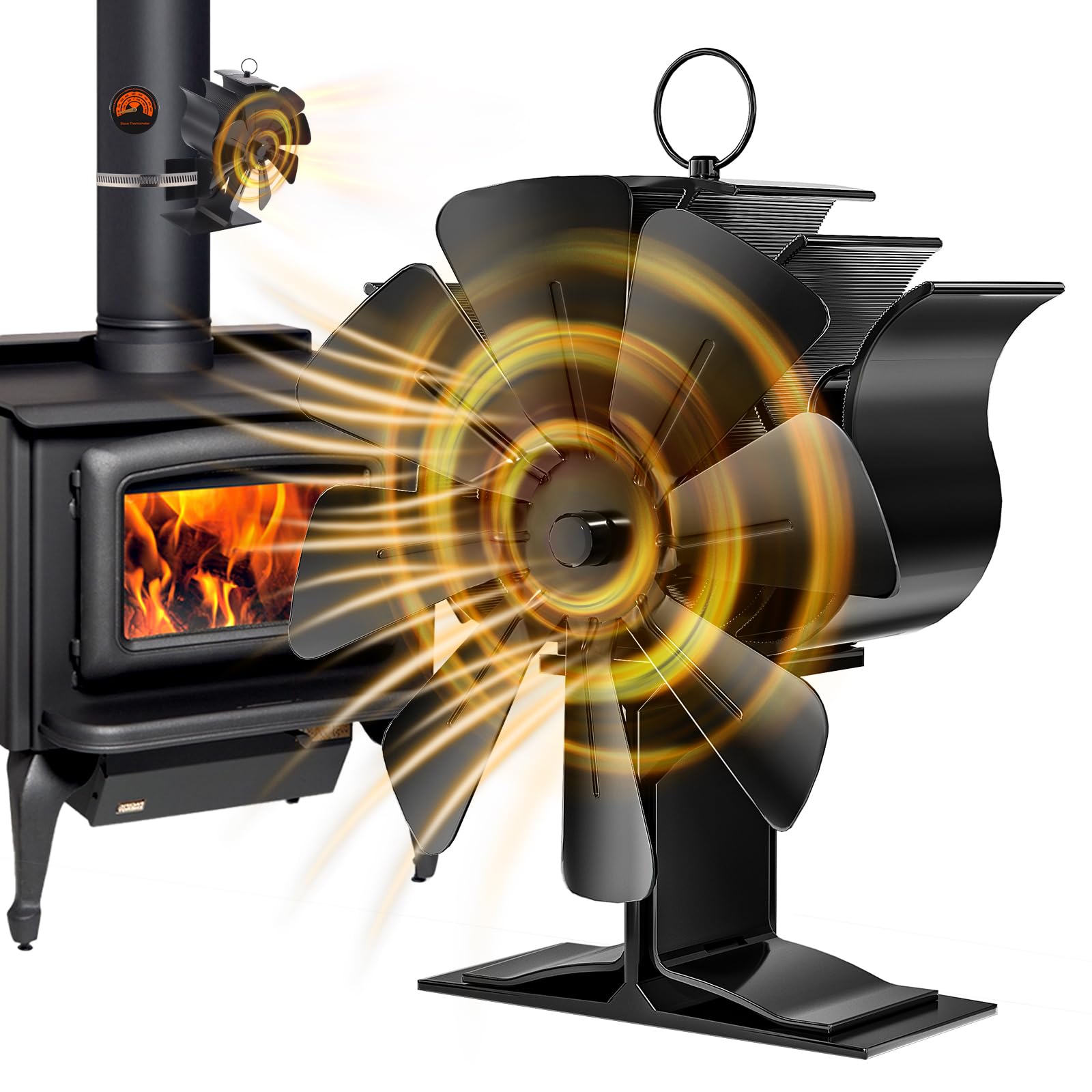 2 in 1 Ventilatore per camino, ventilatore per stufa 8 pale per camino, ventilatore alimentato a calore con termometro, stufa ventilatore senza elettricità per stufa a legna/camino/tubo del camino