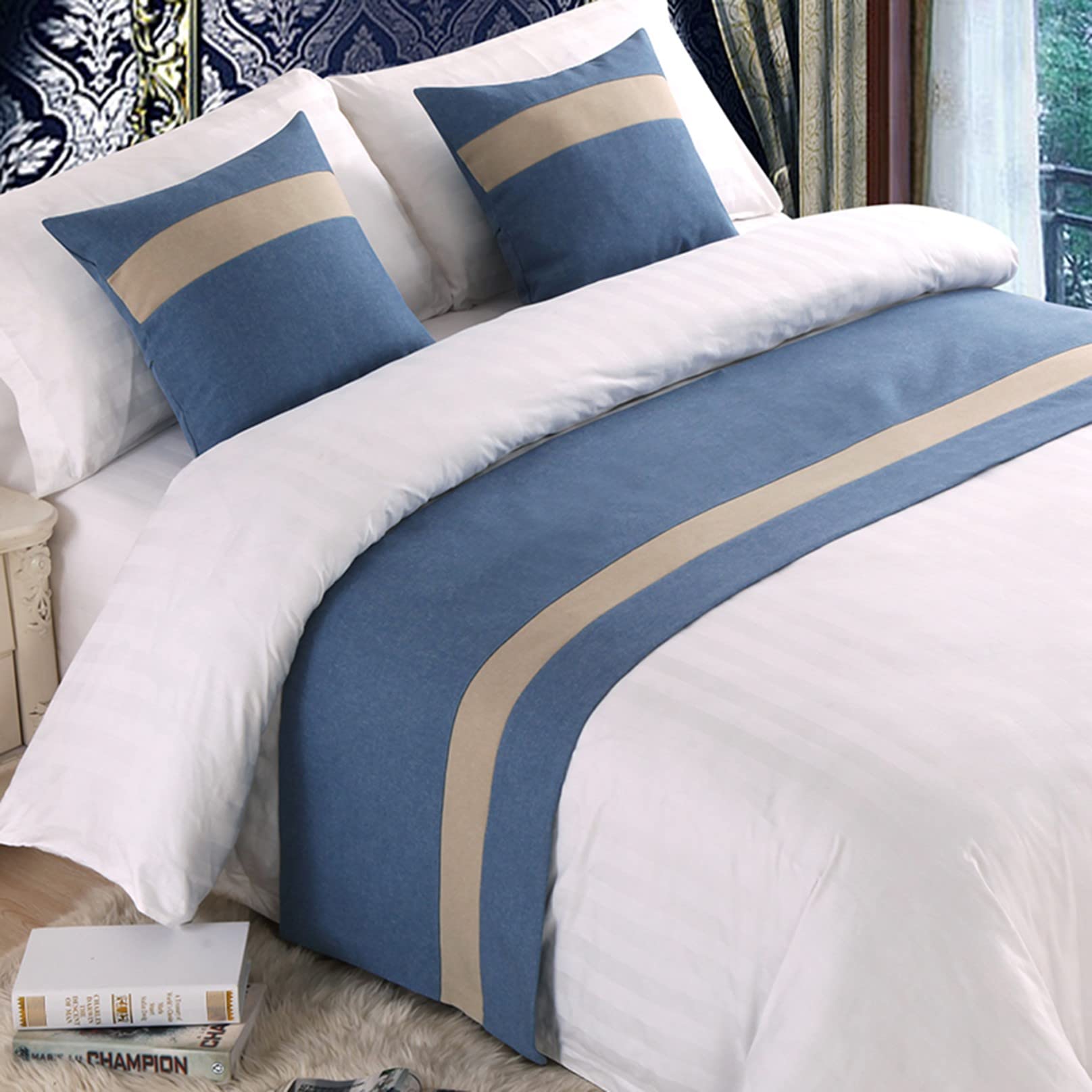 HLASMSPE Bed Runner for Foot of Bed Stripe Pattern Blue Decor Bedding Protection Cover Bed Scarf Bed End Towel Bed Mat No Fading Hotel Bedroom Wedding Room, 180x50cm — image 1
