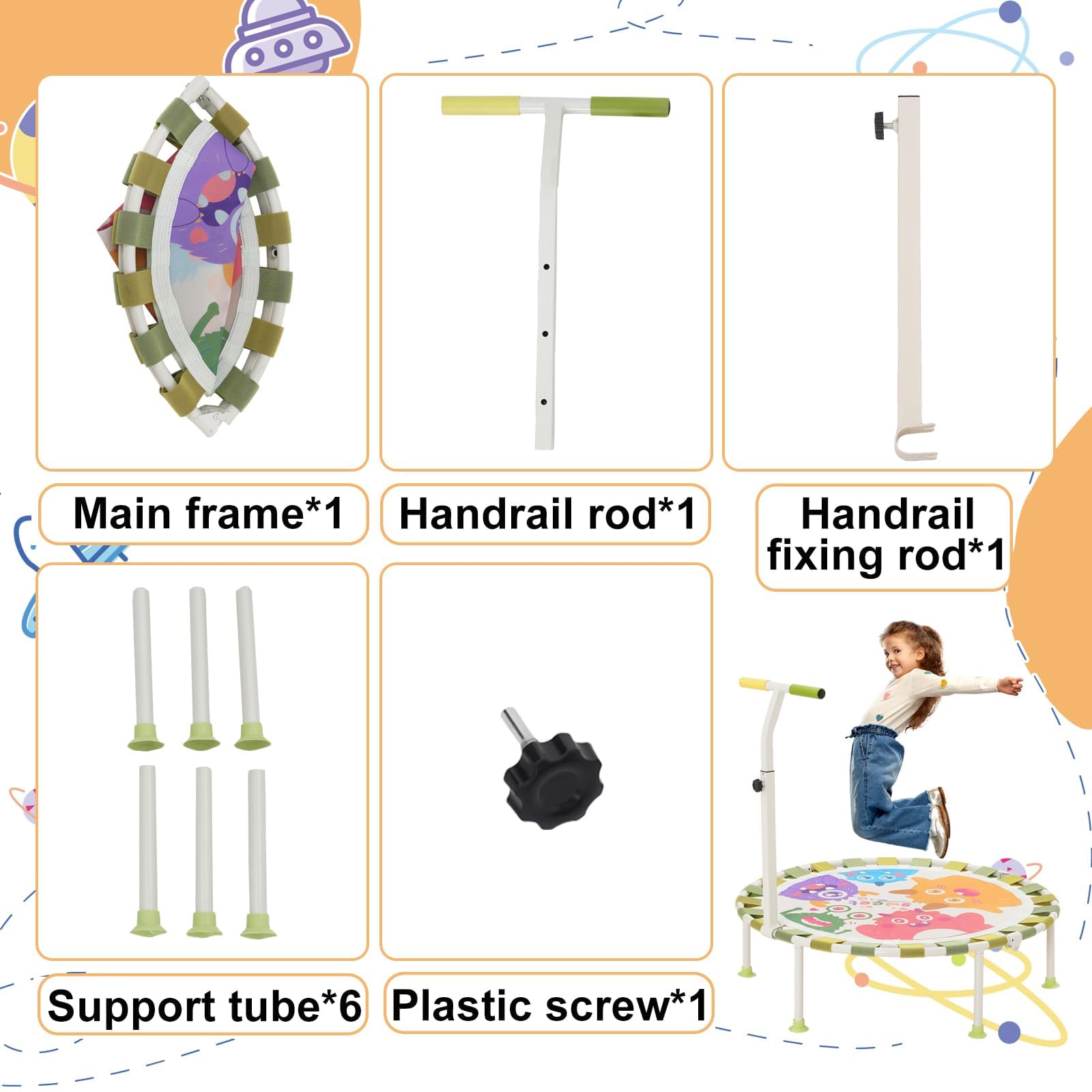 Trampolino per Bambini da Interno e Interni Ø101cm,Trampolino Elastico Fitness Pieghevole con Manico in Schiuma Regolabile in 3 Posizioni e Ventose Antiscivolo,Tappeto Elastico Bambini, Portata 80 kg