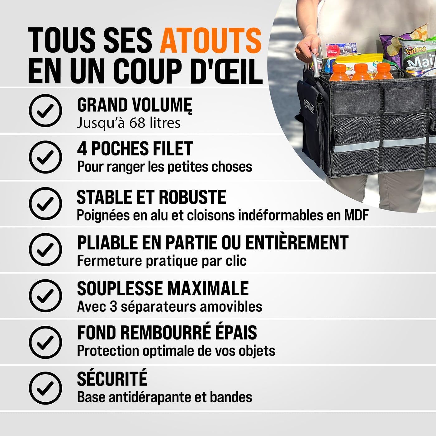 Monzana Organisateur de Coffre de Voiture Noir Isotherme MDF Isolant Couvercle 68L Pliable Parois renforcées Sac de rangement voiture
