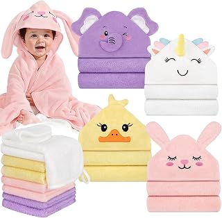 CandyHome 12-Pc Animal Hooded Baby Bath Towels & Washcloths Set - Ultra Soft Absorbent Coral Velvet for Newborns Infants Toddlers Boys Girls