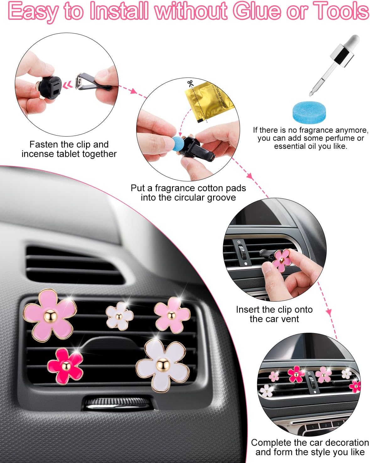 12Pcs PGRODE Car Air Vent Clips with Fragrance Pads, Cute Air Fresheners Clip Car Decor Accessories for Women and Girls, Interior Aesthetic (Daisy)