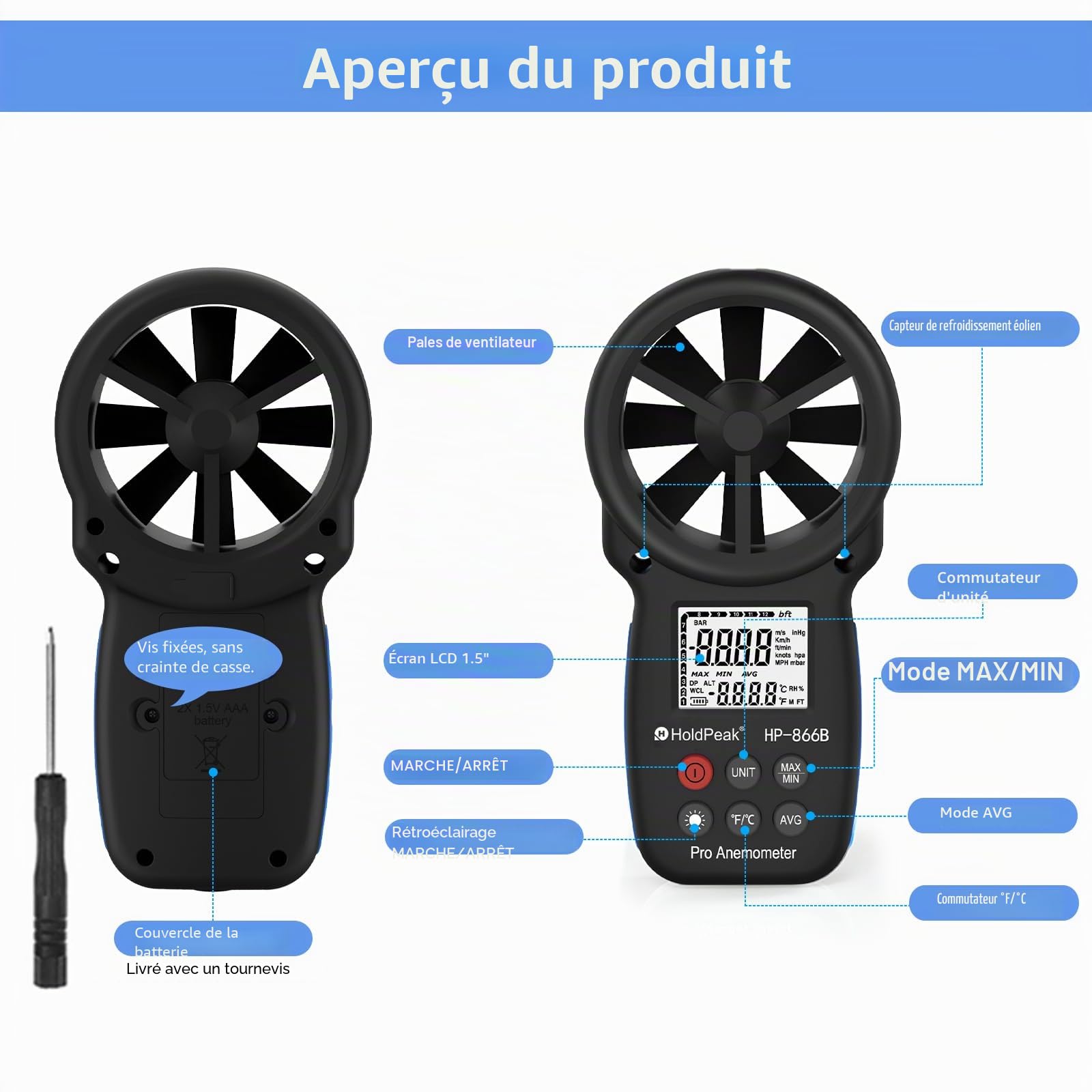 Anémomètre Portable, Anémomètre Numérique Haute Précision, Mesure la Vitesse du Vent, la Température, pour VMC, Extérieur, Drones HP-866B