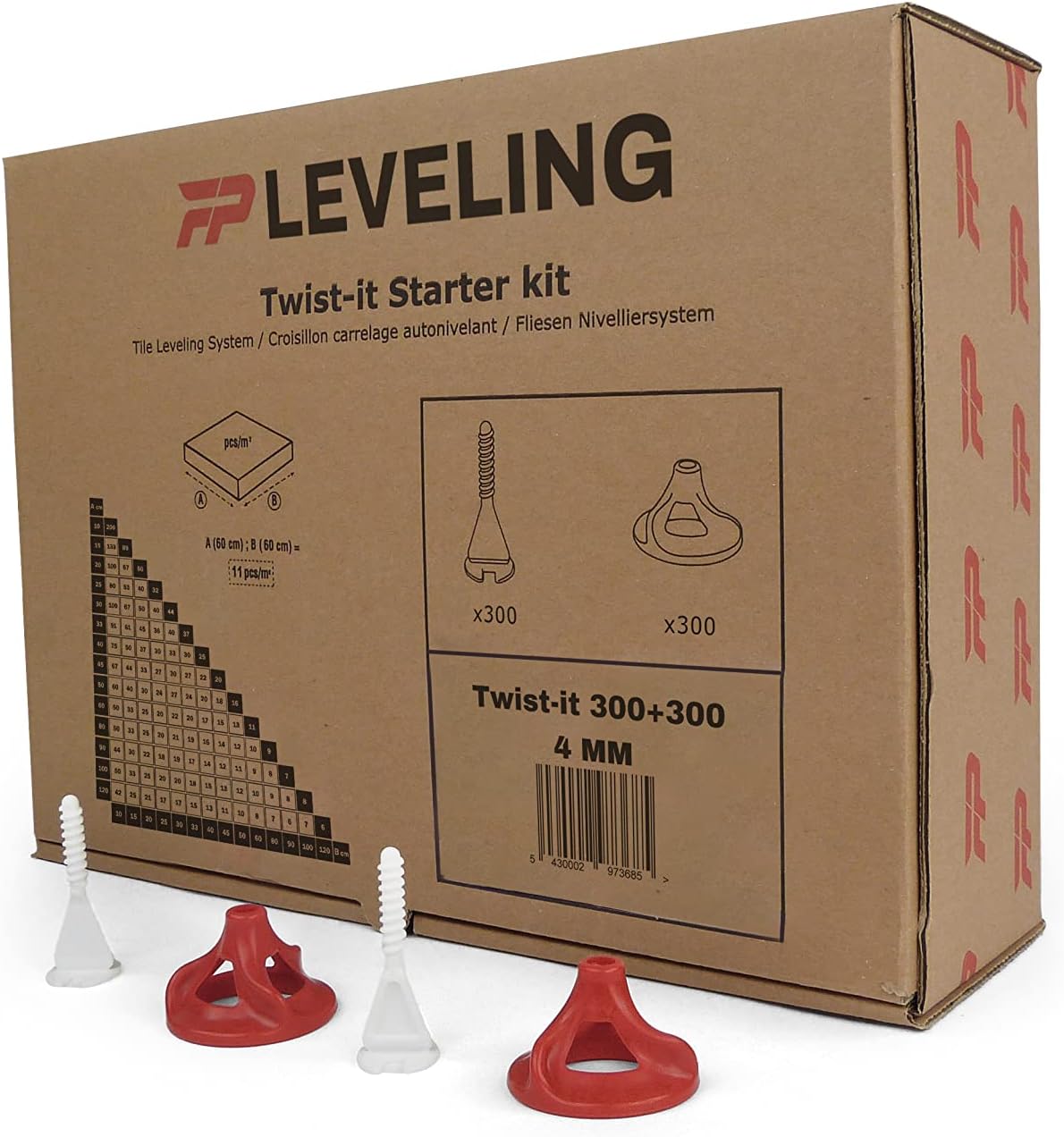 Flat-ProTile leveling system - Twist-it Starter kit 4mm - 300 clips with thread + 300 twisters - 3-22mm tile thickness