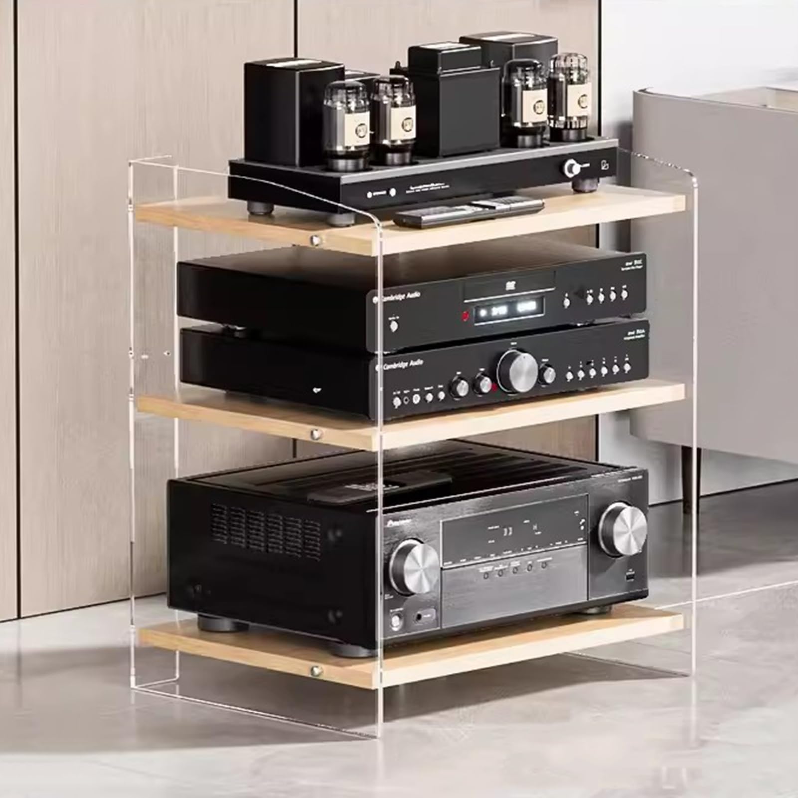YXXSDP Acrylic Clear AV Component Media Stand, 3/4-Tier Open Shelves Audio Video Media Storage Cabinet/Audio Stereo Rack, with Adjustable Laminate, for Living Room(Style1,3 TIER- 60.6cm/24inch tall)