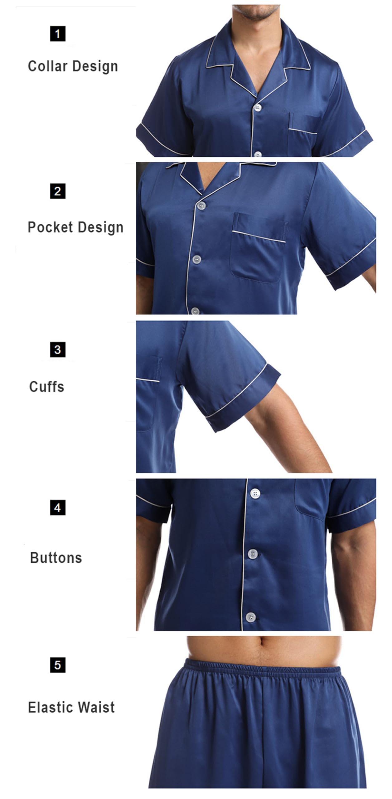 Uomo 2 Pezzi Seta Pigiama Set Manica Corta Morbido Raso Pigiameria Pulsante Giù Pjs Set con Tasche
