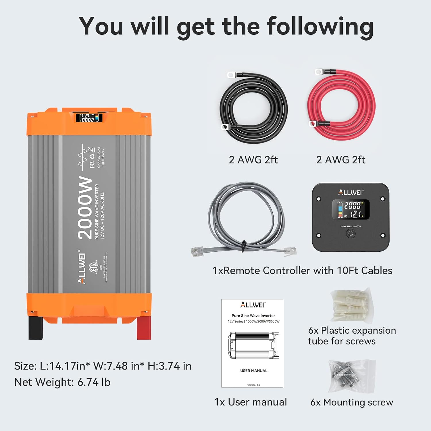 2000W Pure Sine Wave Power Inverter 12V DC to 120V AC, ETL Listed to UL 458