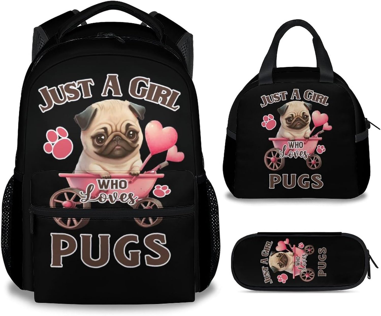 Custom Pug School Backpack for Girls Boys, 16" Puppy Print Black Backpacks for Children Kids Students, Personalized Cute Cartoon Pattern Lightweight Bookbag for Travel
