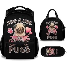 Pug Backpack with Lunch Box, Set of 3 School Backpacks Matching Combo for Girls Boys, Cute Lightweight Bookbag and Pencil Case Bundle