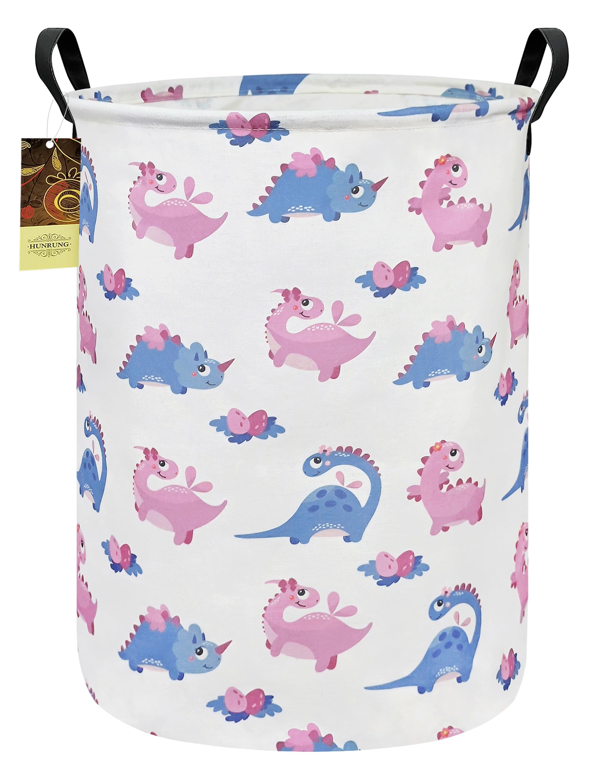 HUNRUNG Wäscherei Hamper,Large Canvas Fabric Lightweight Storage Basket Toy Organizer Dirty Clothes Collapsible Waterproof for College Dorms, Kinderzimmer,Badezimmer (Pink Dinosaur)